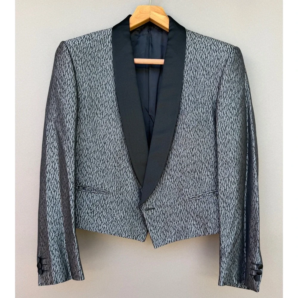 Pierre Cardin Paris M Vintage Cropped Tuxedo Jacket Silver Black Shawl Lapel 80s